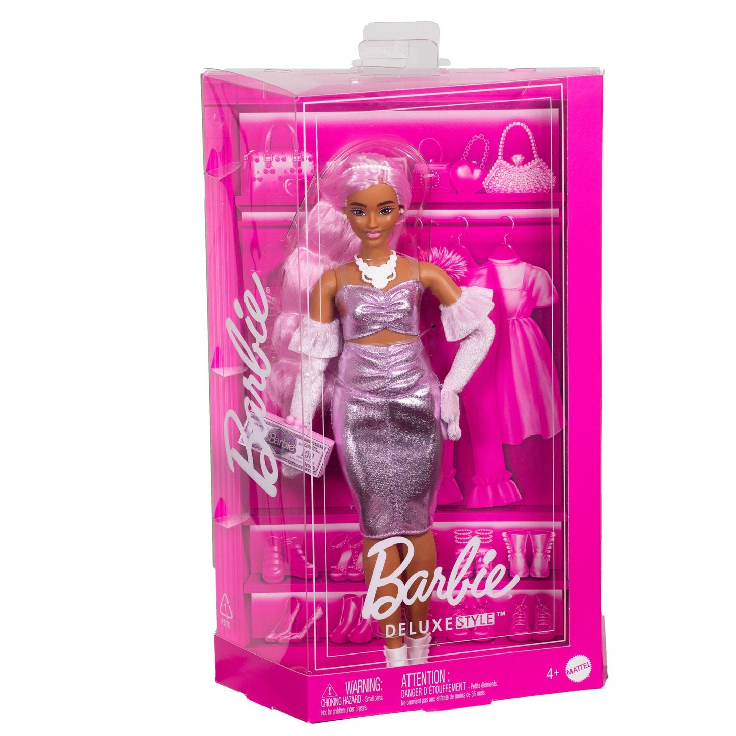 Barbie Fashionista Muñeca Deluxe Cabello Rosa y Vestido Brillante