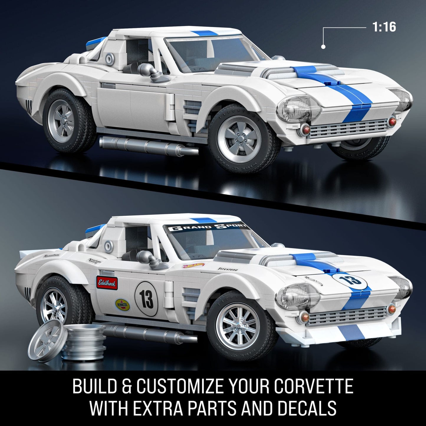Mattel Brick Shop Hot Wheels Corvette Grand Sport Building Toy Kit (918 Pieces), for Collectors